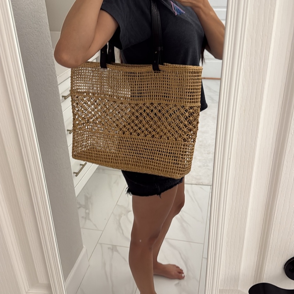 Vintage Woven Tan Tote Bag with Black Straps